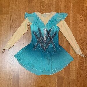 Figure Skating Customized Dress Teal Aqua Ombré Rhinestone Stoned Long Sleeve XS
